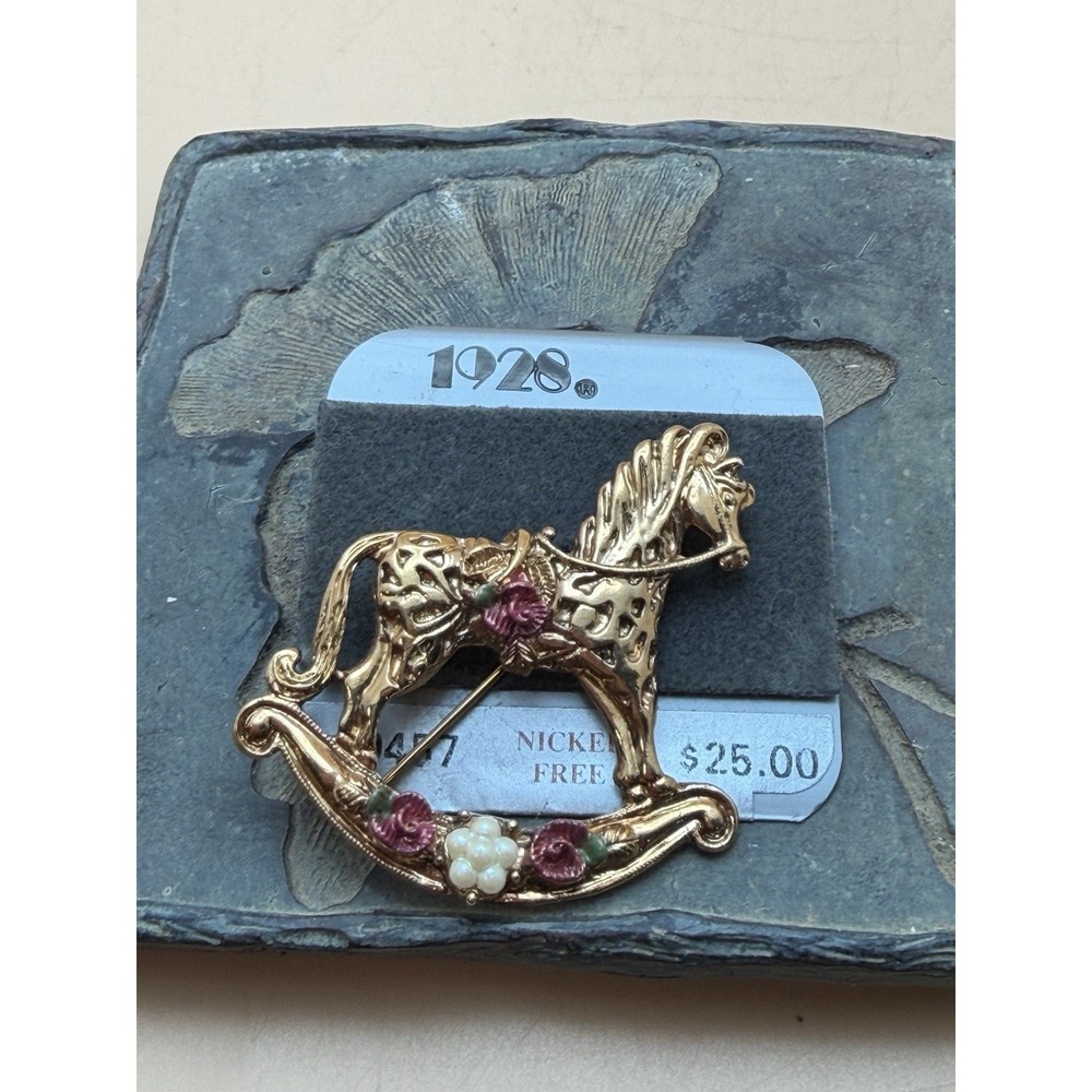 Vintage 1928 Jewelry Brand Hobby Rocking Horse Rose Faux Pearls Pin Brooch